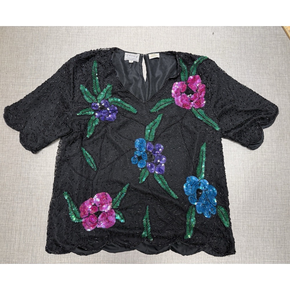 Vtg Stenay Silk Beaded Sequined Tunic Shirt Large Stunning